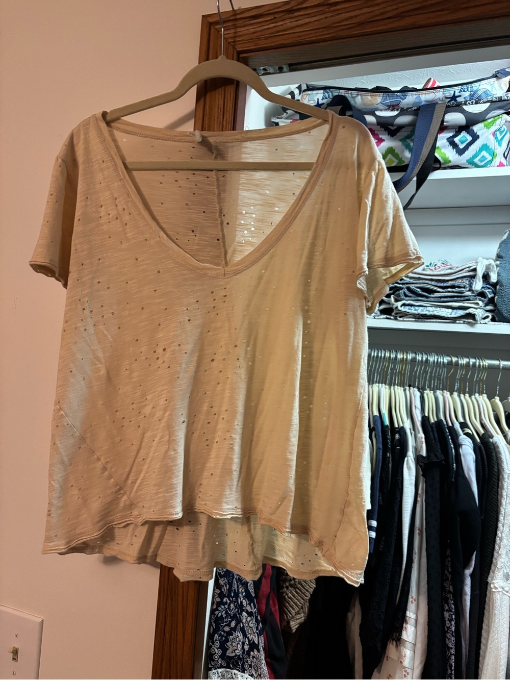Gilded Intent Cream Short Sleeve V-Neck Tee with Subtle Distressing